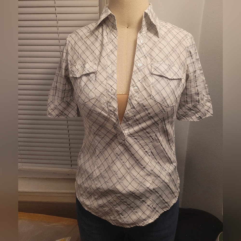 Women's White Plaid Button-Up Shirt